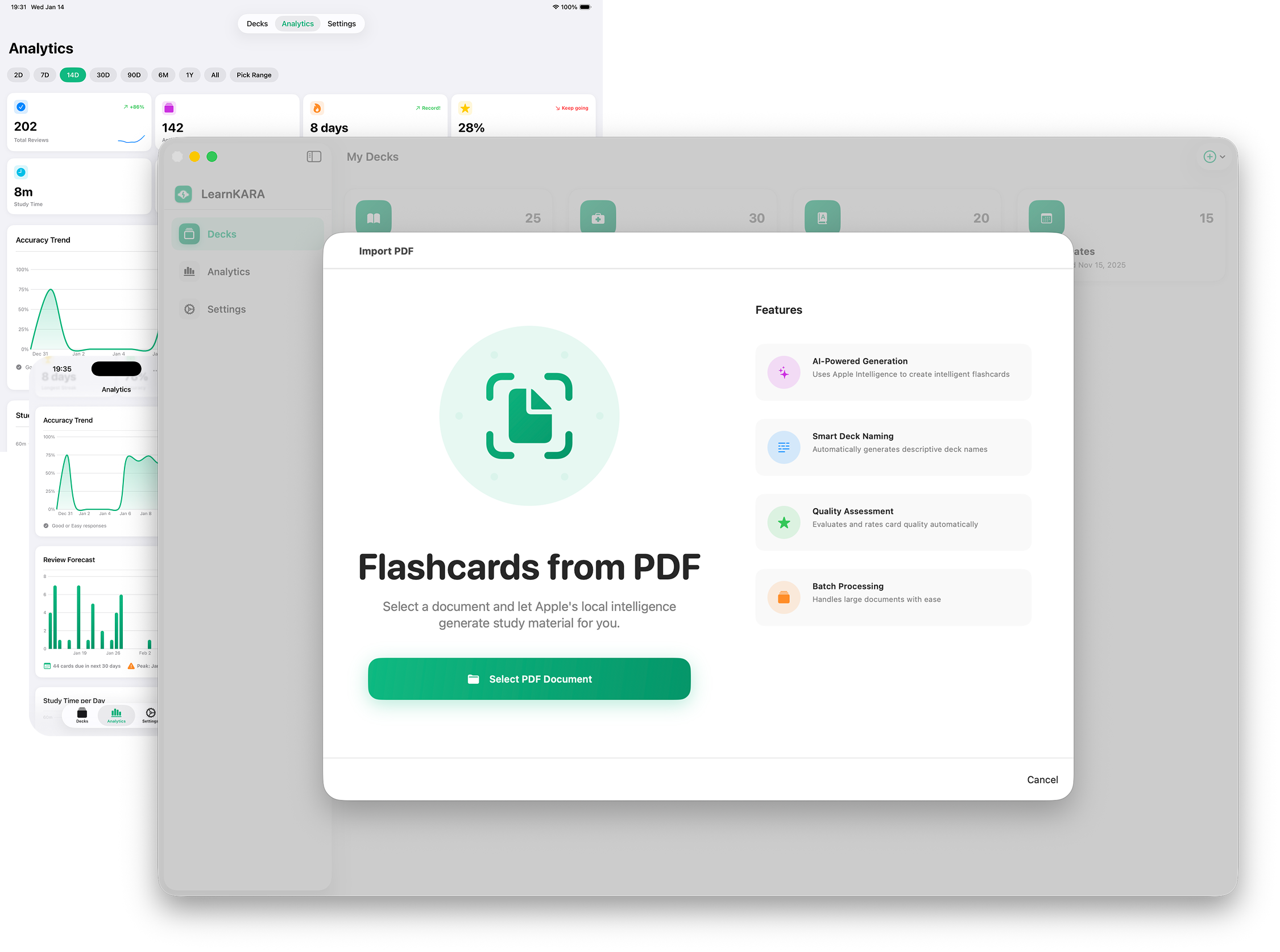 LearnKARA app interface showing flashcard creation and study features